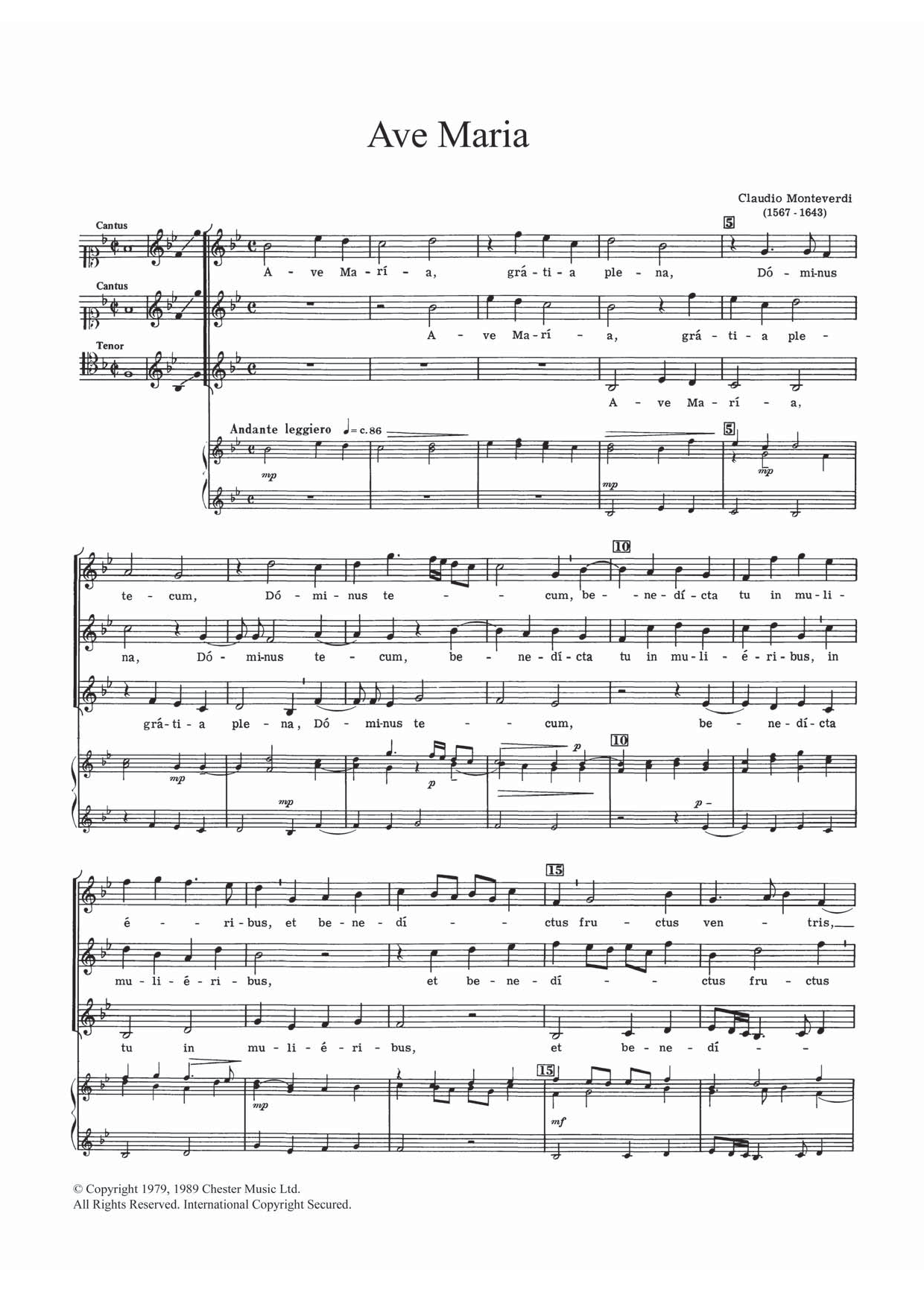 Claudio Monteverdi Ave Maria sheet music notes and chords arranged for 3-Part Mixed Choir