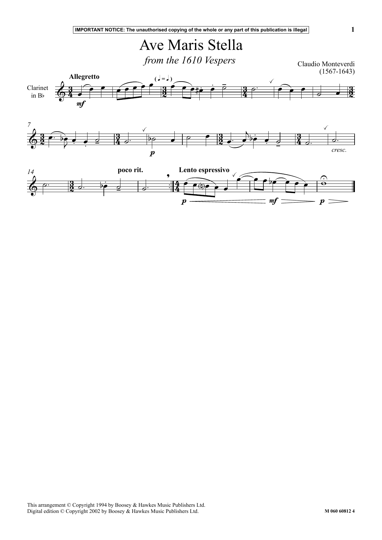 Claudio Monteverdi Ave Maris Stella (from The 1610 Vespers) sheet music notes and chords arranged for Instrumental Solo