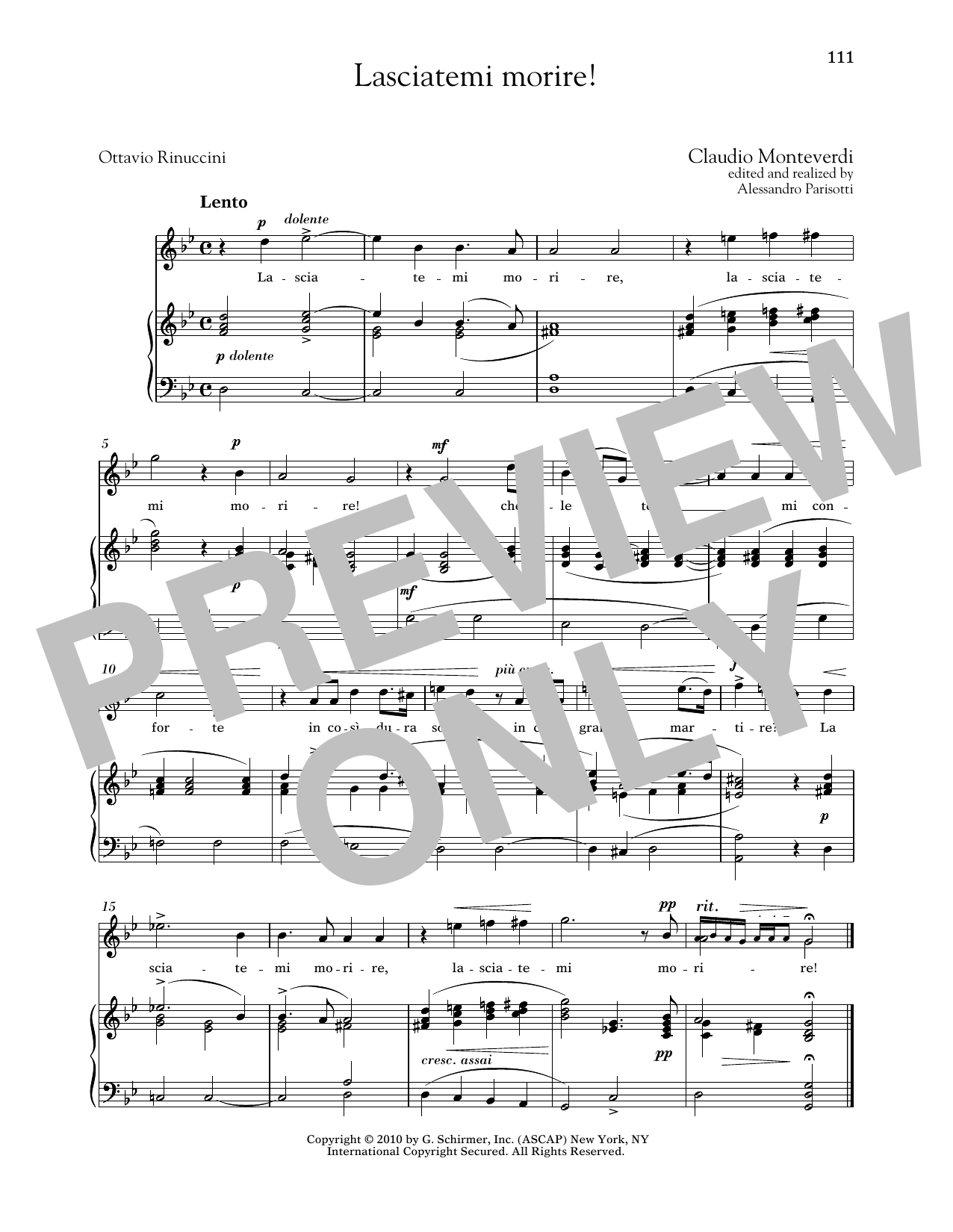 Claudio Monteverdi Lasciatemi Morire! (High Voice) sheet music notes and chords arranged for Piano & Vocal