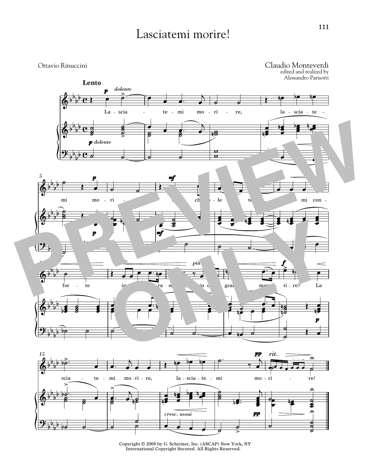 Claudio Monteverdi Lasciatemi Morire! (Medium High Voice) sheet music notes and chords arranged for Piano & Vocal