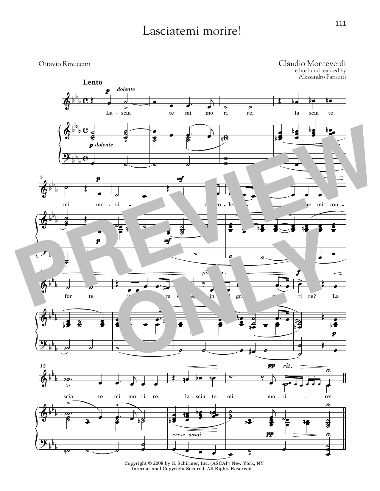 Claudio Monteverdi Lasciatemi Morire! (Medium Low Voice) sheet music notes and chords arranged for Piano & Vocal
