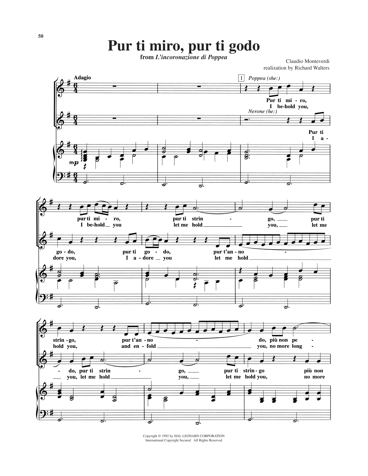 Claudio Monteverdi Pur ti miro, pur ti godo sheet music notes and chords arranged for Piano & Vocal
