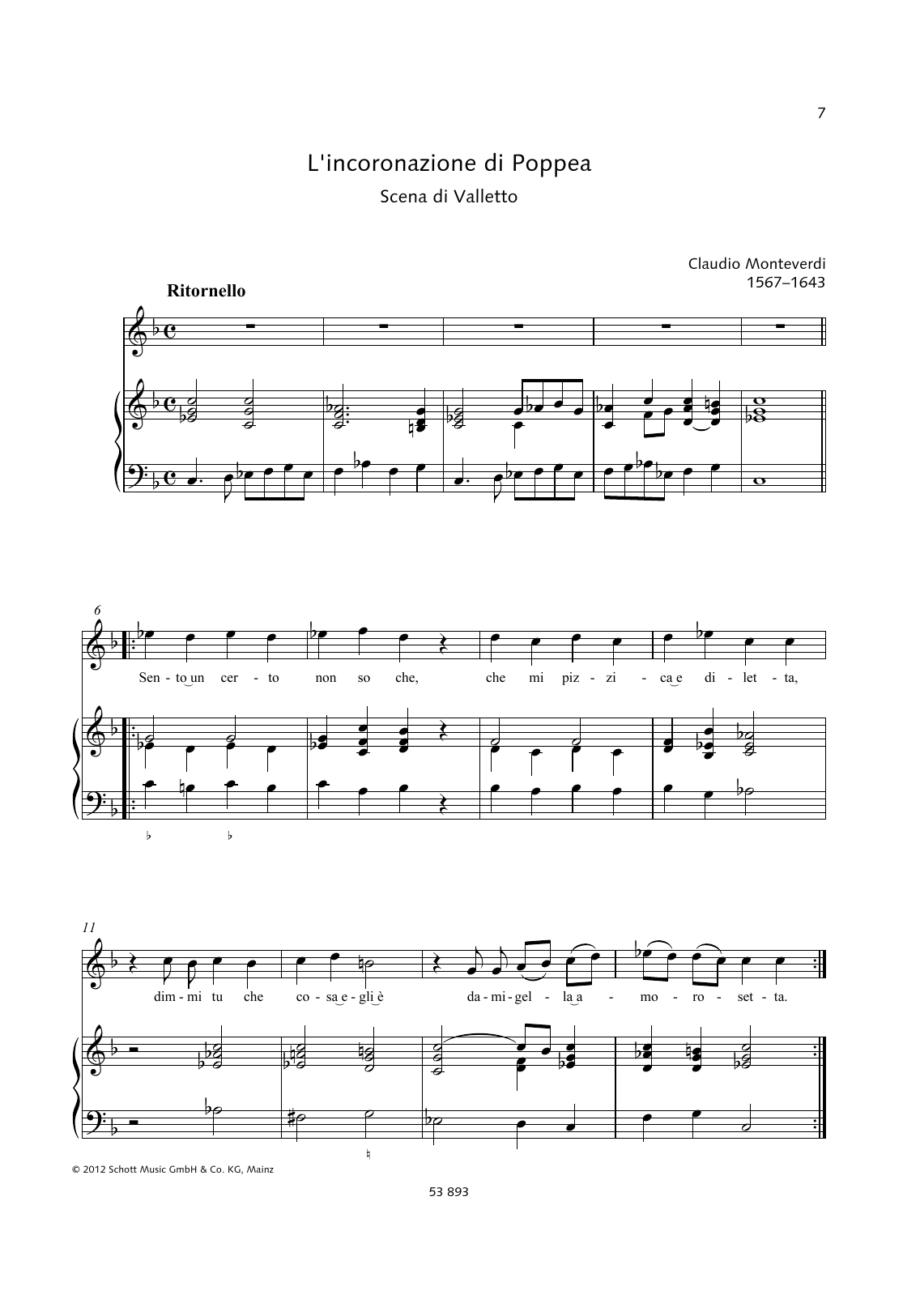 Claudio Monteverdi Sento un certo non so che sheet music notes and chords arranged for Piano & Vocal