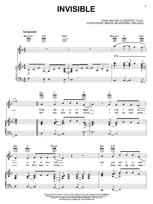 Clay Aiken Invisible sheet music notes and chords arranged for Piano, Vocal & Guitar Chords (Right-Hand Melody)