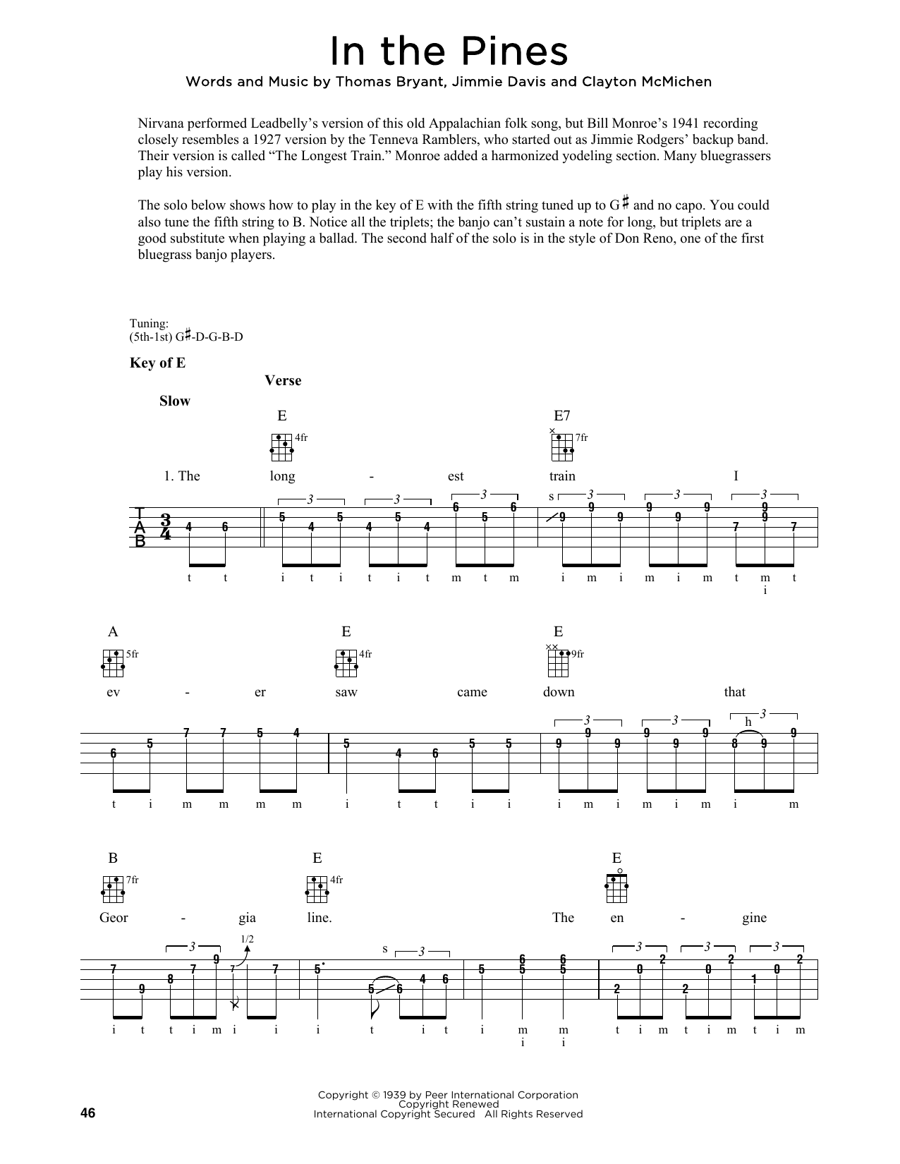 Clayton McMichen In The Pines (arr. Fred Sokolow) sheet music notes and chords arranged for Banjo Tab