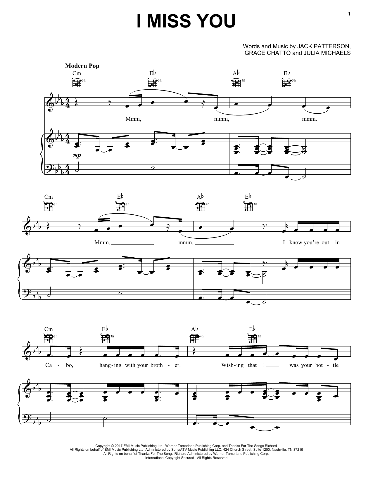 Clean Bandit ft. Julia Michaels I Miss You sheet music notes and chords arranged for Piano, Vocal & Guitar Chords (Right-Hand Melody)