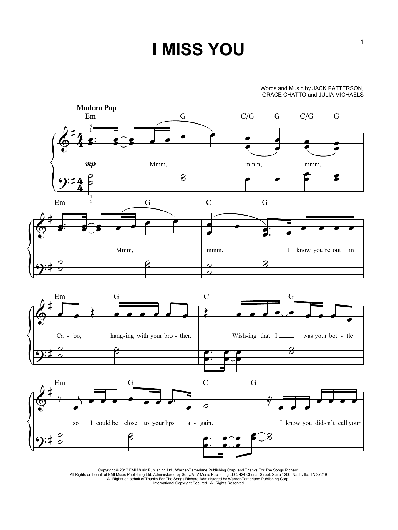 Clean Bandit I Miss You (feat. Julia Michaels) sheet music notes and chords arranged for Ukulele