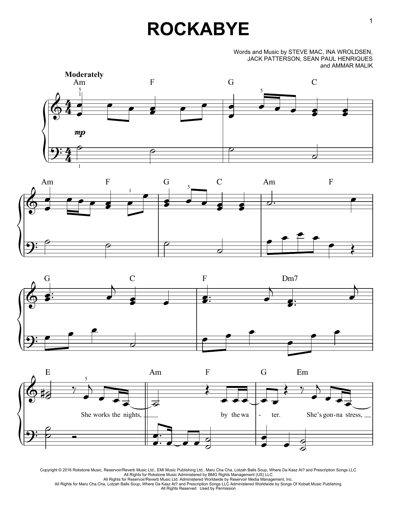 Clean Bandit Rockabye (feat. Sean Paul & Anne-Marie) sheet music notes and chords arranged for Beginner Piano