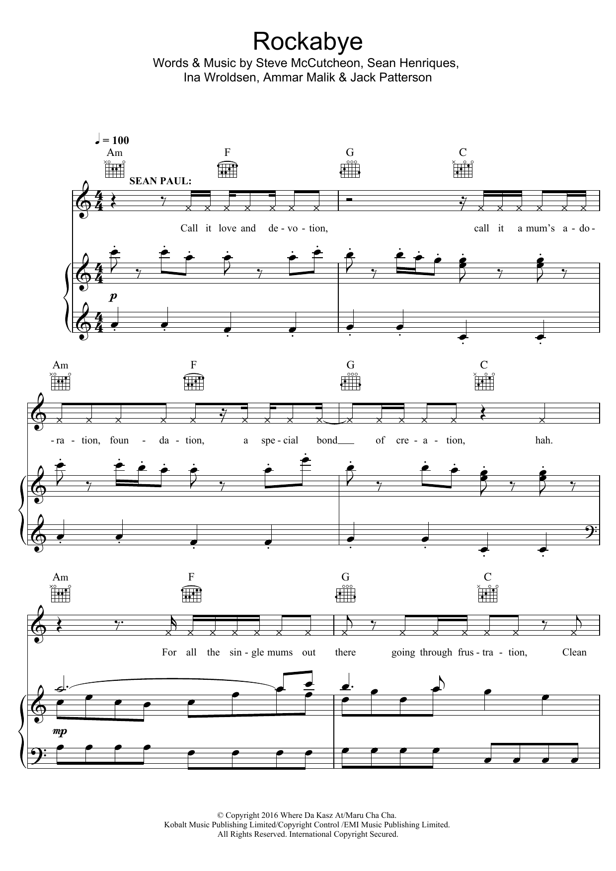 Clean Bandit Rockabye (featuring Sean Paul) sheet music notes and chords arranged for Piano, Vocal & Guitar Chords