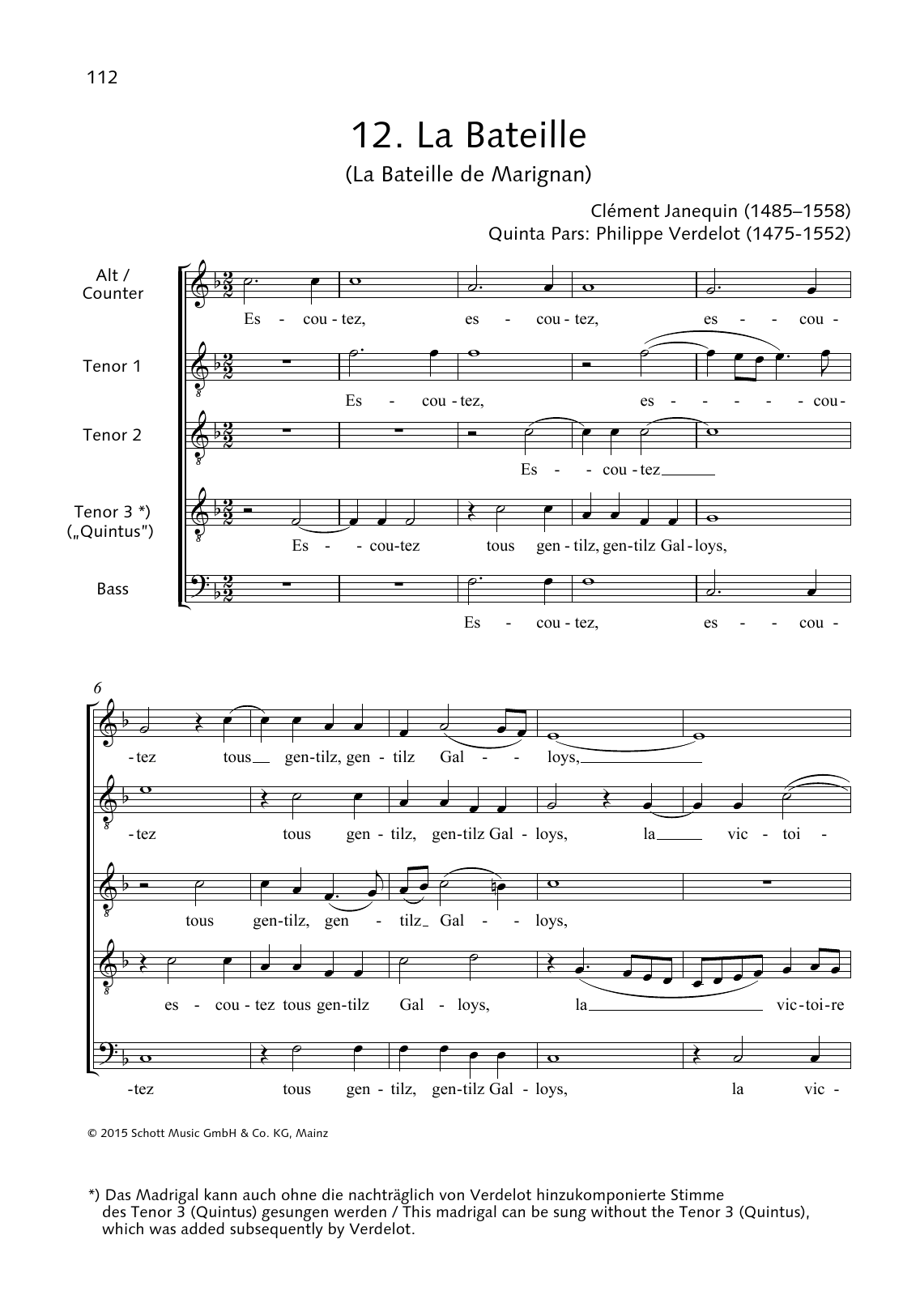 Clément Janequin La Bateille de Marignan sheet music notes and chords arranged for Choir