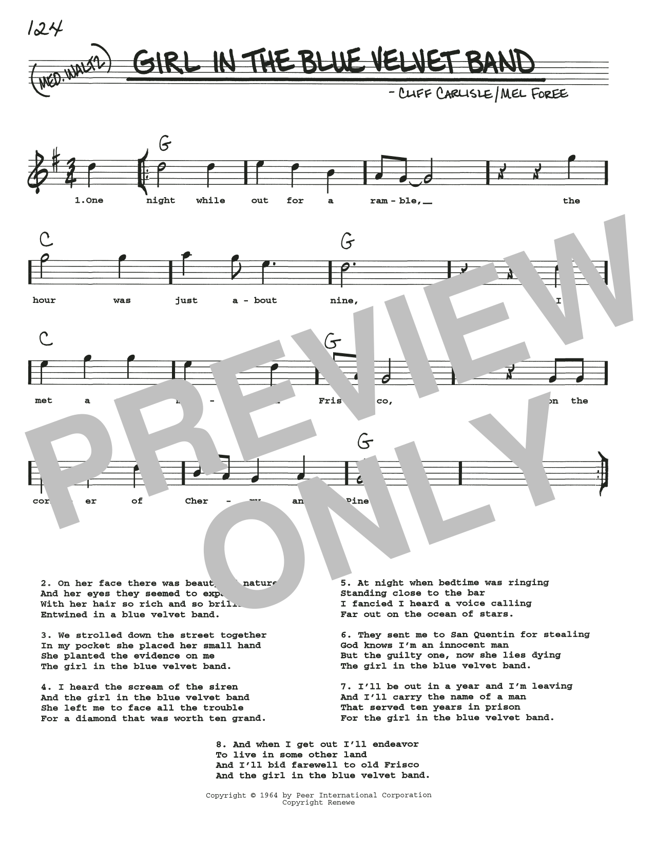 Cliff Carlisle Girl In The Blue Velvet Band sheet music notes and chords arranged for Real Book – Melody, Lyrics & Chords