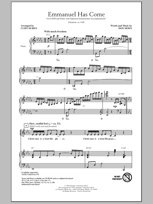Cliff Duren Emmanuel Has Come sheet music notes and chords arranged for SATB Choir