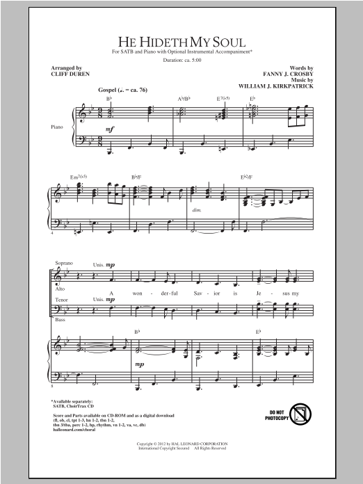 Cliff Duren He Hideth My Soul sheet music notes and chords arranged for SATB Choir