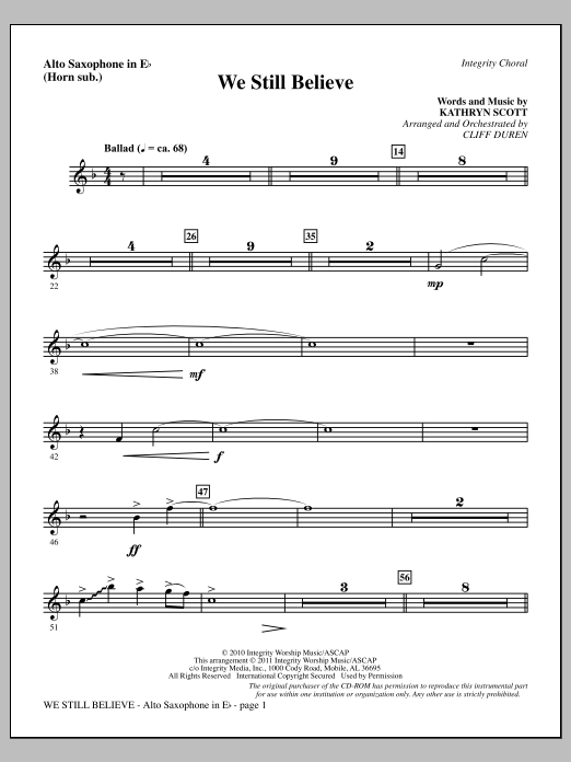 Cliff Duren We Still Believe - Alto Sax (sub. Horn) sheet music notes and chords arranged for Choir Instrumental Pak