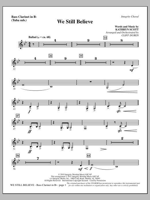 Cliff Duren We Still Believe - Bass Clarinet (sub. Tuba) sheet music notes and chords arranged for Choir Instrumental Pak