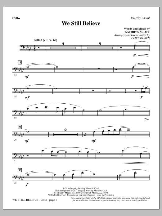 Cliff Duren We Still Believe - Cello sheet music notes and chords arranged for Choir Instrumental Pak