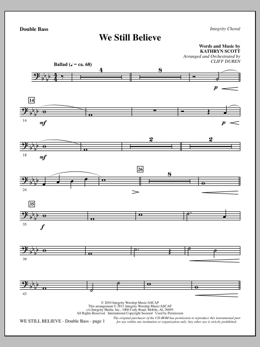Cliff Duren We Still Believe - Double Bass sheet music notes and chords arranged for Choir Instrumental Pak