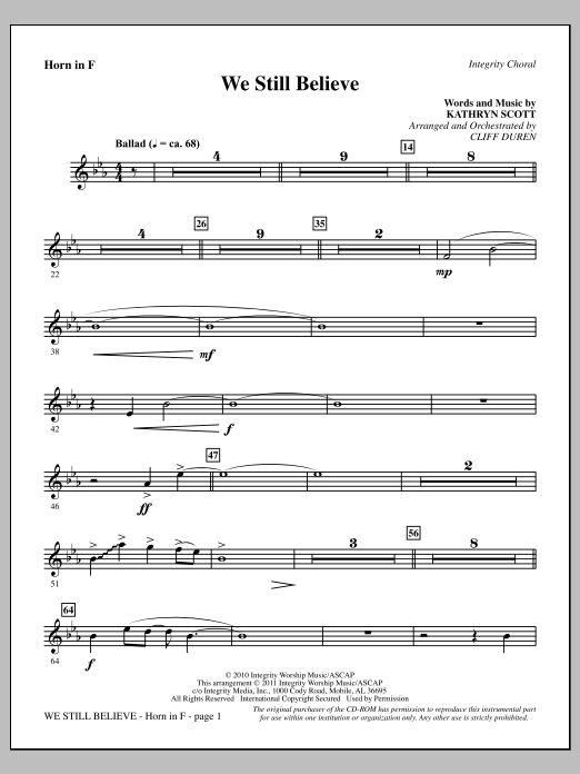 Cliff Duren We Still Believe - F Horn sheet music notes and chords arranged for Choir Instrumental Pak