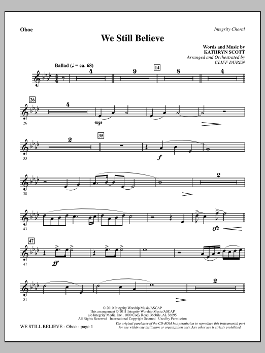 Cliff Duren We Still Believe - Oboe sheet music notes and chords arranged for Choir Instrumental Pak