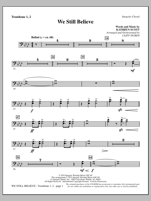 Cliff Duren We Still Believe - Trombone 1 & 2 sheet music notes and chords arranged for Choir Instrumental Pak