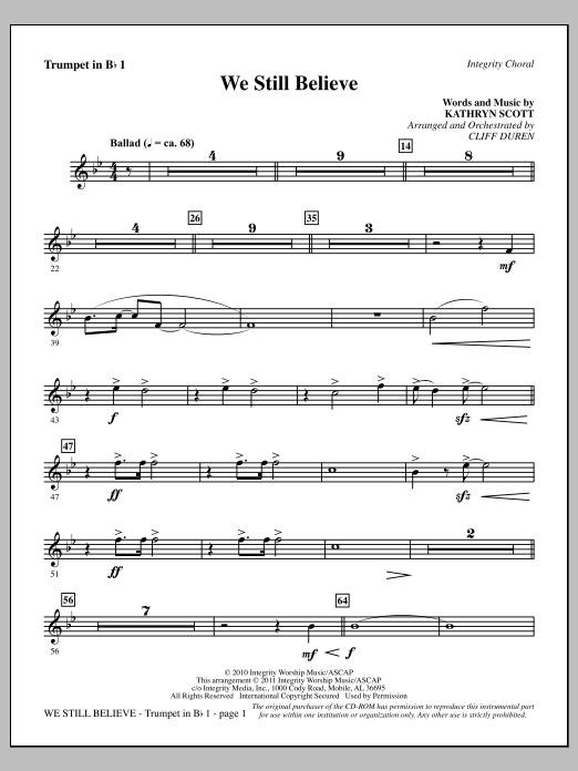 Cliff Duren We Still Believe - Trumpet 1 sheet music notes and chords arranged for Choir Instrumental Pak