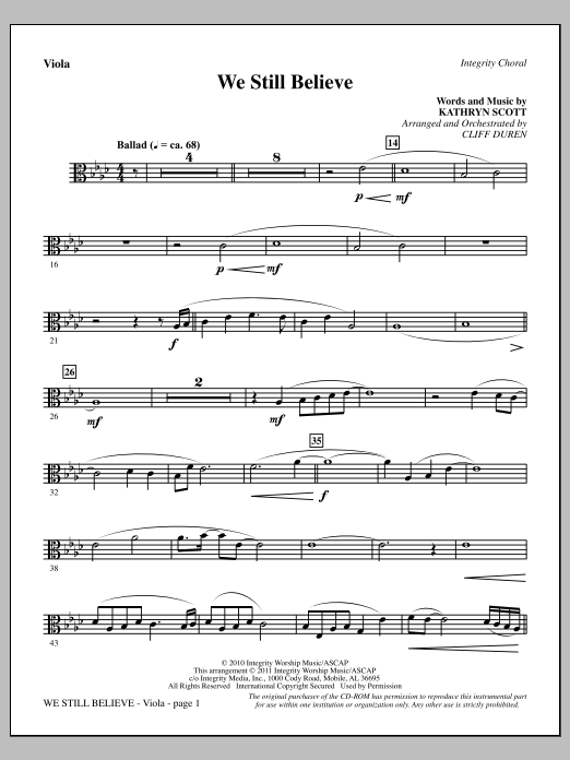 Cliff Duren We Still Believe - Viola sheet music notes and chords arranged for Choir Instrumental Pak