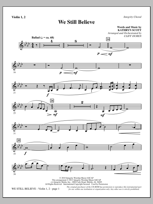 Cliff Duren We Still Believe - Violin 1, 2 sheet music notes and chords arranged for Choir Instrumental Pak