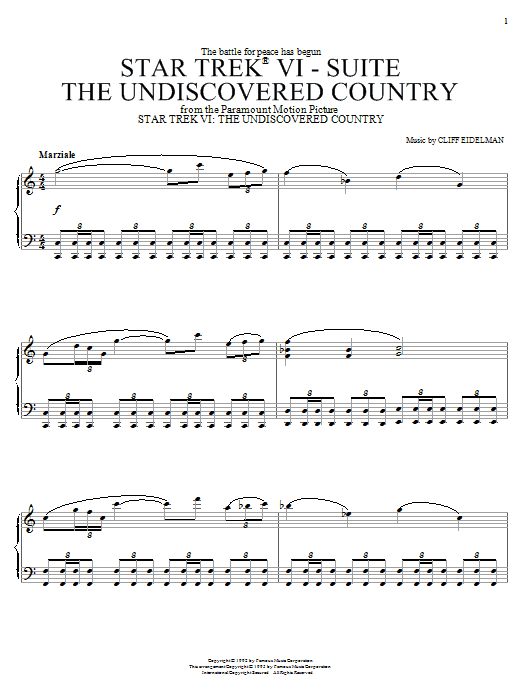 Cliff Eidelman Star Trek VI - The Undiscovered Country sheet music notes and chords arranged for Piano Solo