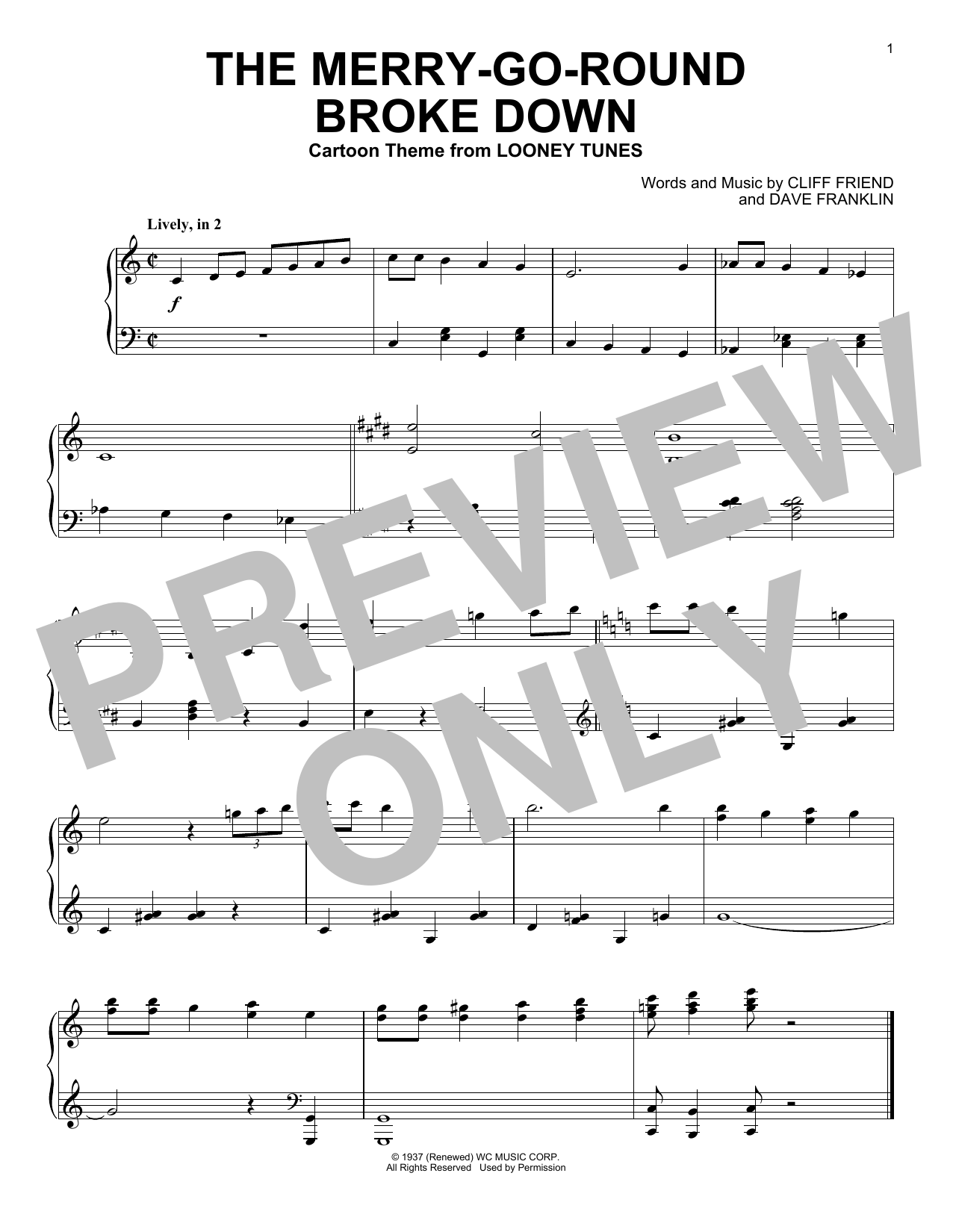Cliff Friend & Dave Franklin The Merry-Go-Round Broke Down (from Looney Tunes) sheet music notes and chords arranged for Piano Solo