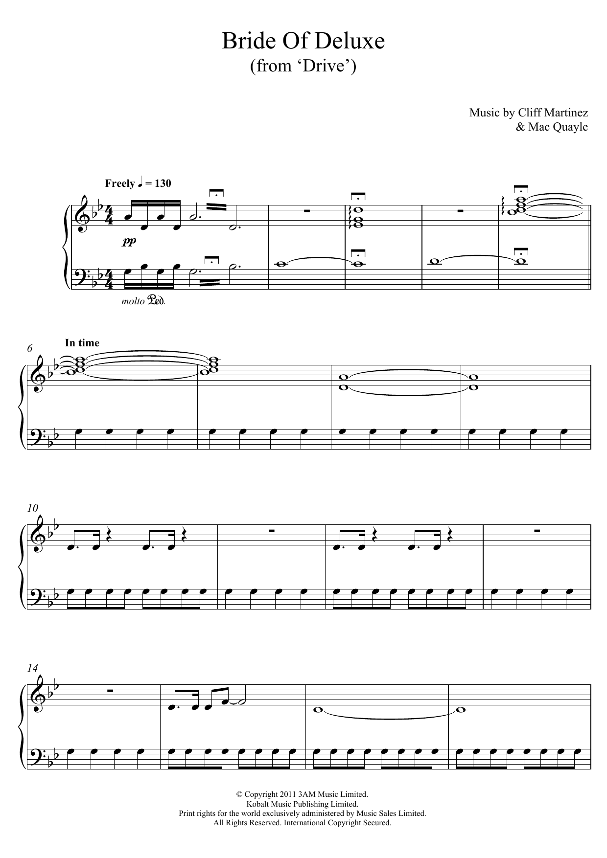 Cliff Martinez Bride Of Deluxe (from 'Drive') sheet music notes and chords arranged for Piano Solo