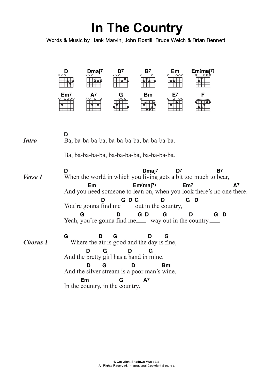 Cliff Richard & The Shadows In The Country sheet music notes and chords arranged for Guitar Chords/Lyrics