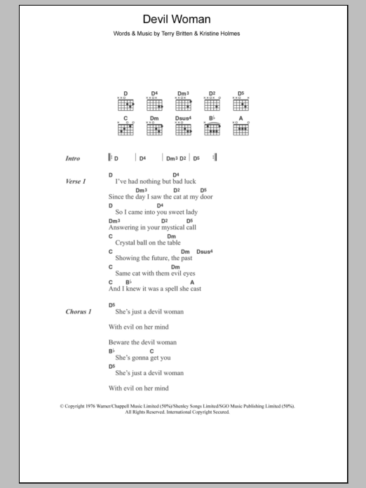 Cliff Richard Devil Woman sheet music notes and chords arranged for Guitar Chords/Lyrics
