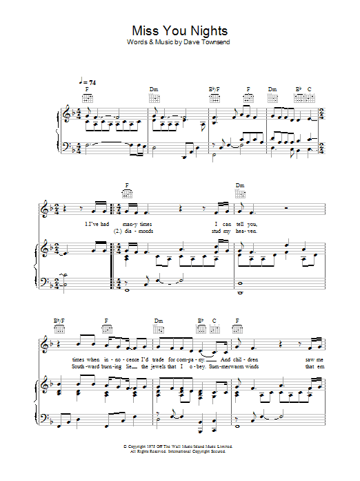 Cliff Richard Miss You Nights sheet music notes and chords arranged for Piano, Vocal & Guitar Chords