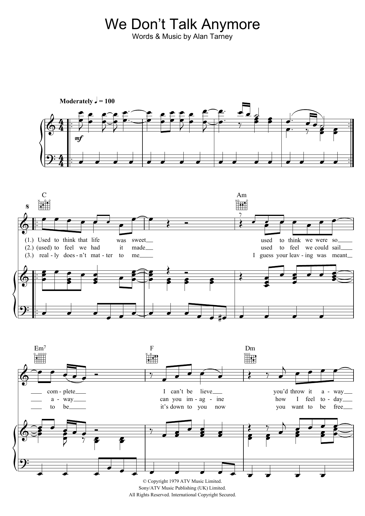 Cliff Richard We Don't Talk Anymore sheet music notes and chords arranged for Piano, Vocal & Guitar Chords