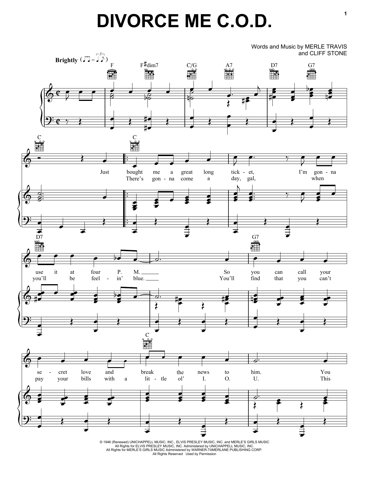 Cliff Stone Divorce Me C.O.D. sheet music notes and chords arranged for Piano, Vocal & Guitar Chords (Right-Hand Melody)