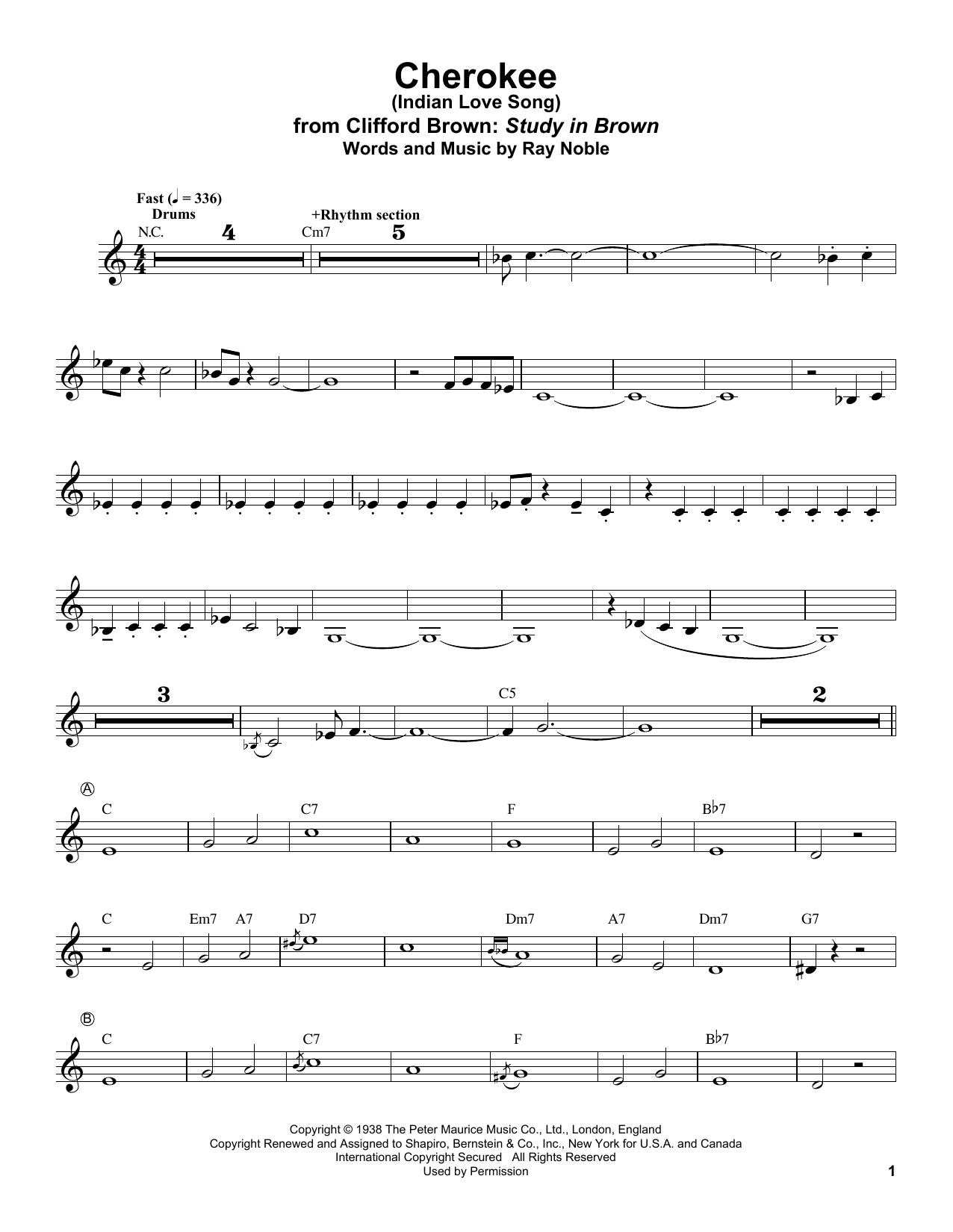 Clifford Brown Cherokee (Indian Love Song) sheet music notes and chords arranged for Trumpet Transcription