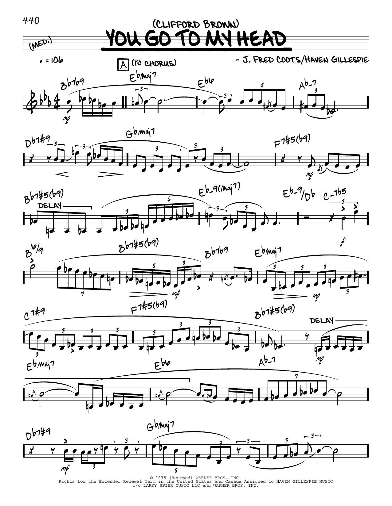 Clifford Brown You Go To My Head (solo only) sheet music notes and chords arranged for Real Book – Melody & Chords