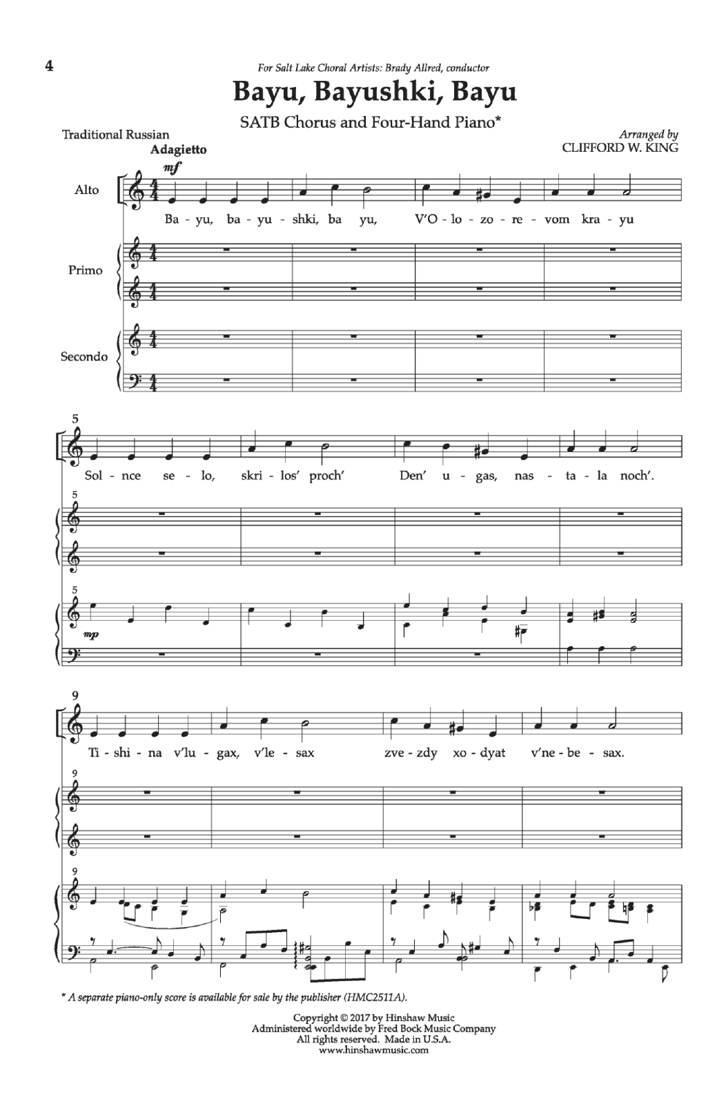 Clifford W. King Bayu, Bayushki, Bayu sheet music notes and chords arranged for SATB Choir