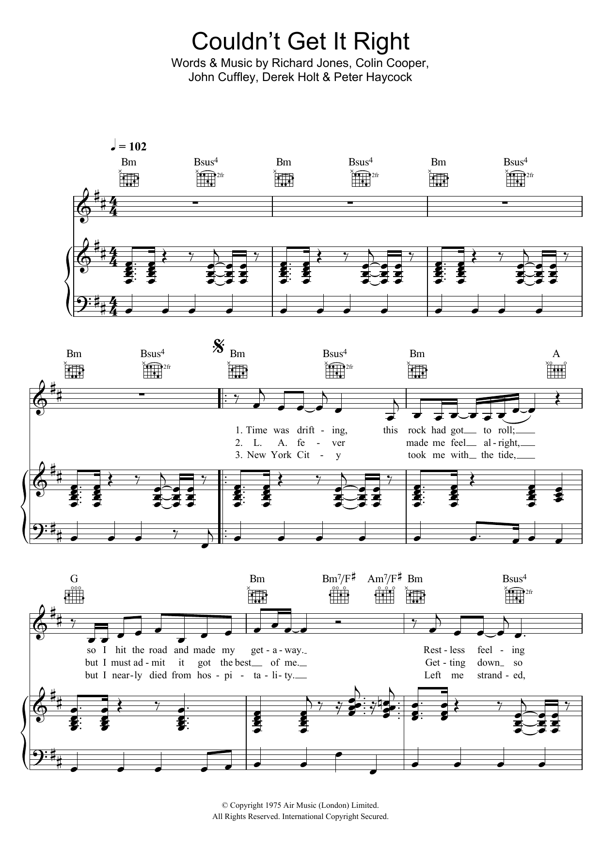 Climax Blues Band Couldn't Get It Right sheet music notes and chords arranged for Piano, Vocal & Guitar Chords