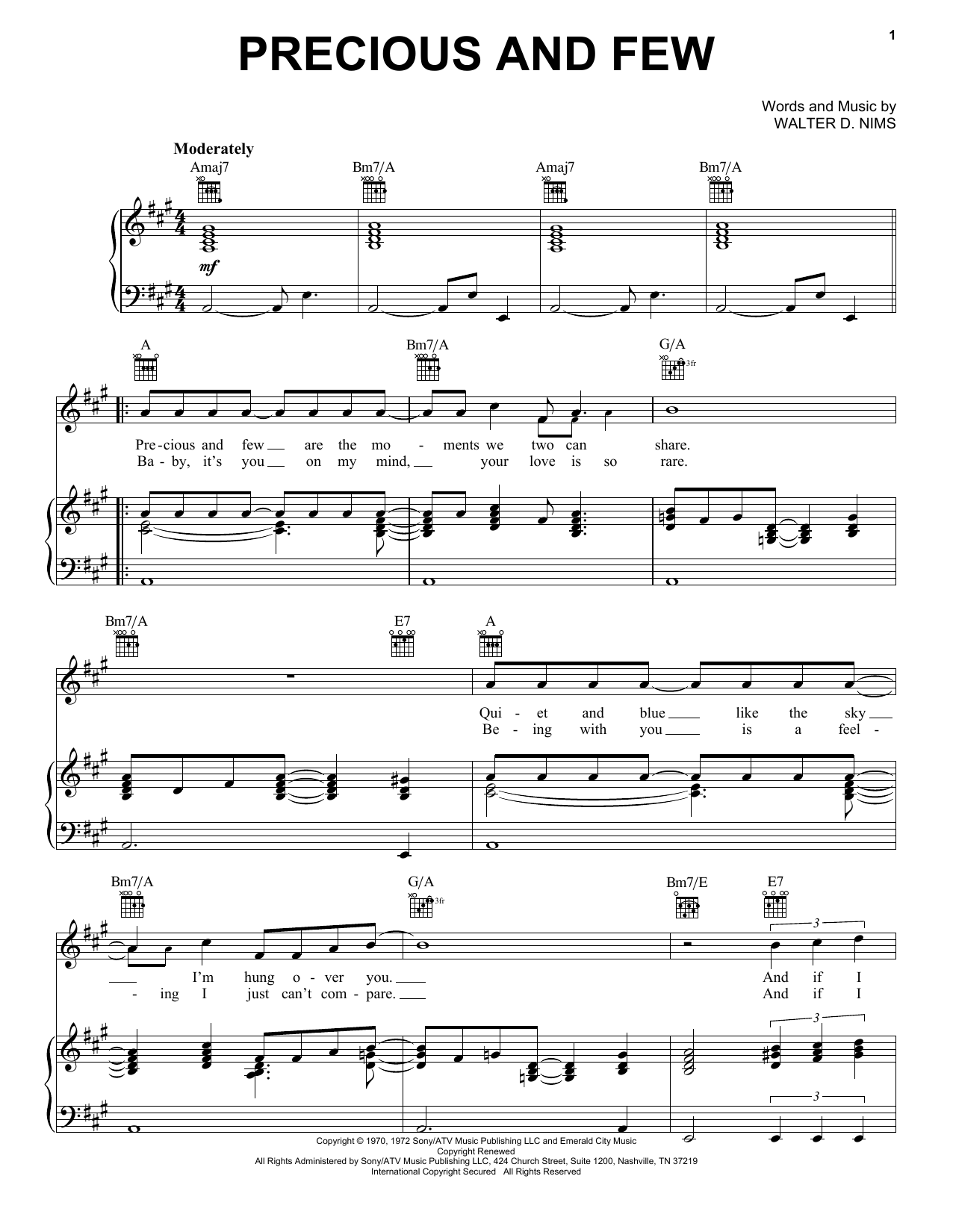 Climax Precious And Few sheet music notes and chords arranged for Piano, Vocal & Guitar Chords (Right-Hand Melody)