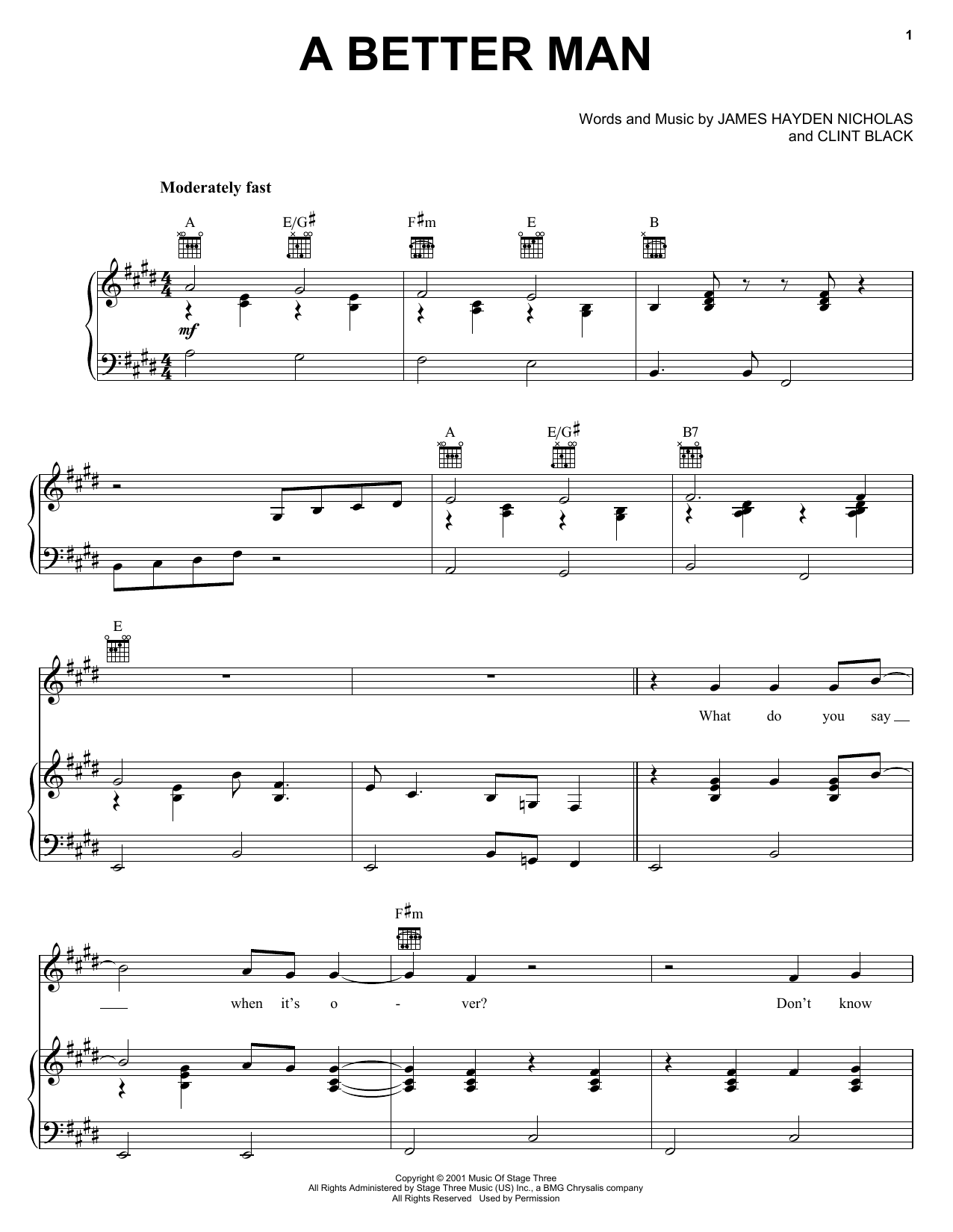 Clint Black A Better Man sheet music notes and chords arranged for Piano, Vocal & Guitar Chords (Right-Hand Melody)