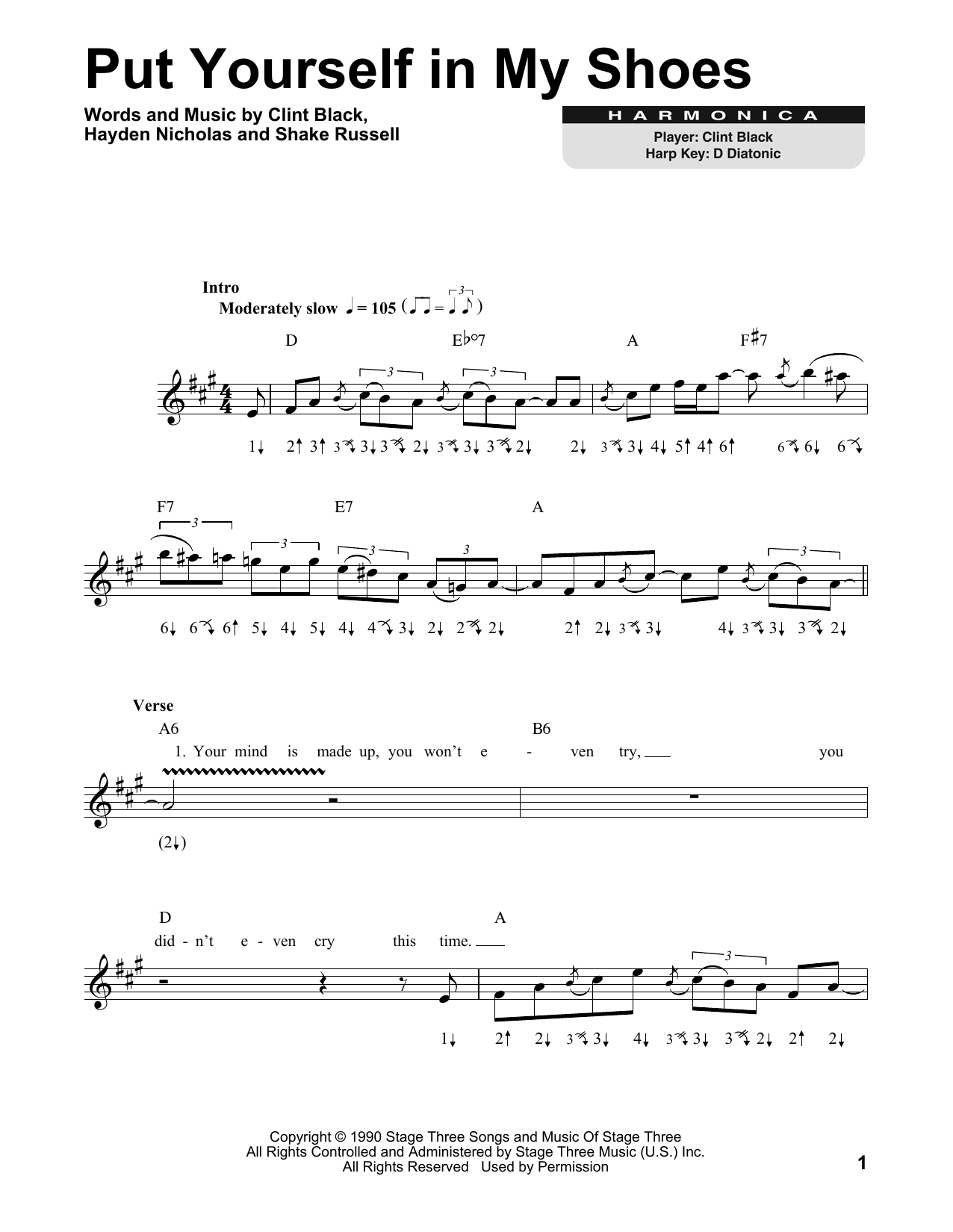 Clint Black Put Yourself In My Shoes sheet music notes and chords arranged for Harmonica