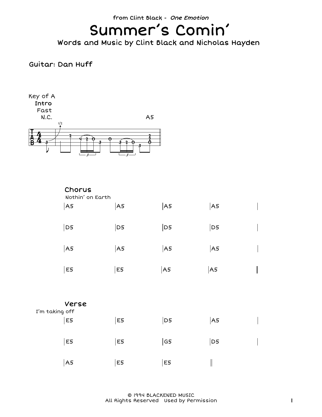 Clint Black Summer's Comin' sheet music notes and chords arranged for Guitar Lead Sheet