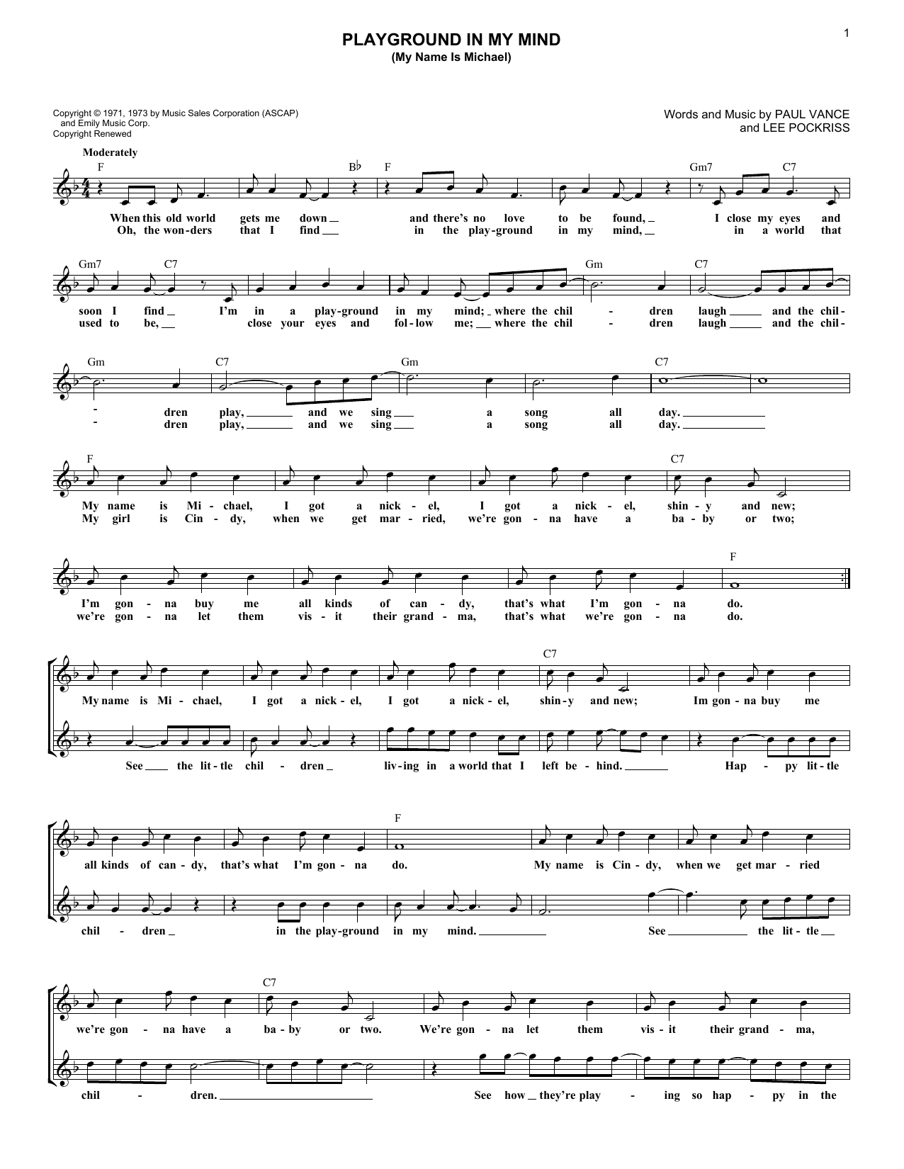 Clint Holmes Playground In My Mind (My Name Is Michael) sheet music notes and chords arranged for Lead Sheet / Fake Book