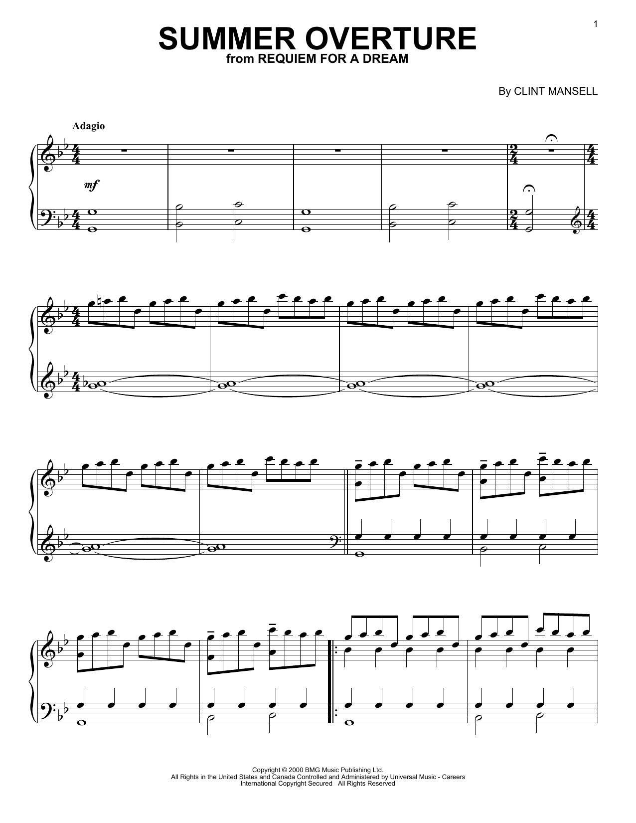 Clint Mansell Summer Overture (from Requiem For A Dream) sheet music notes and chords arranged for Piano, Vocal & Guitar Chords (Right-Hand Melody)
