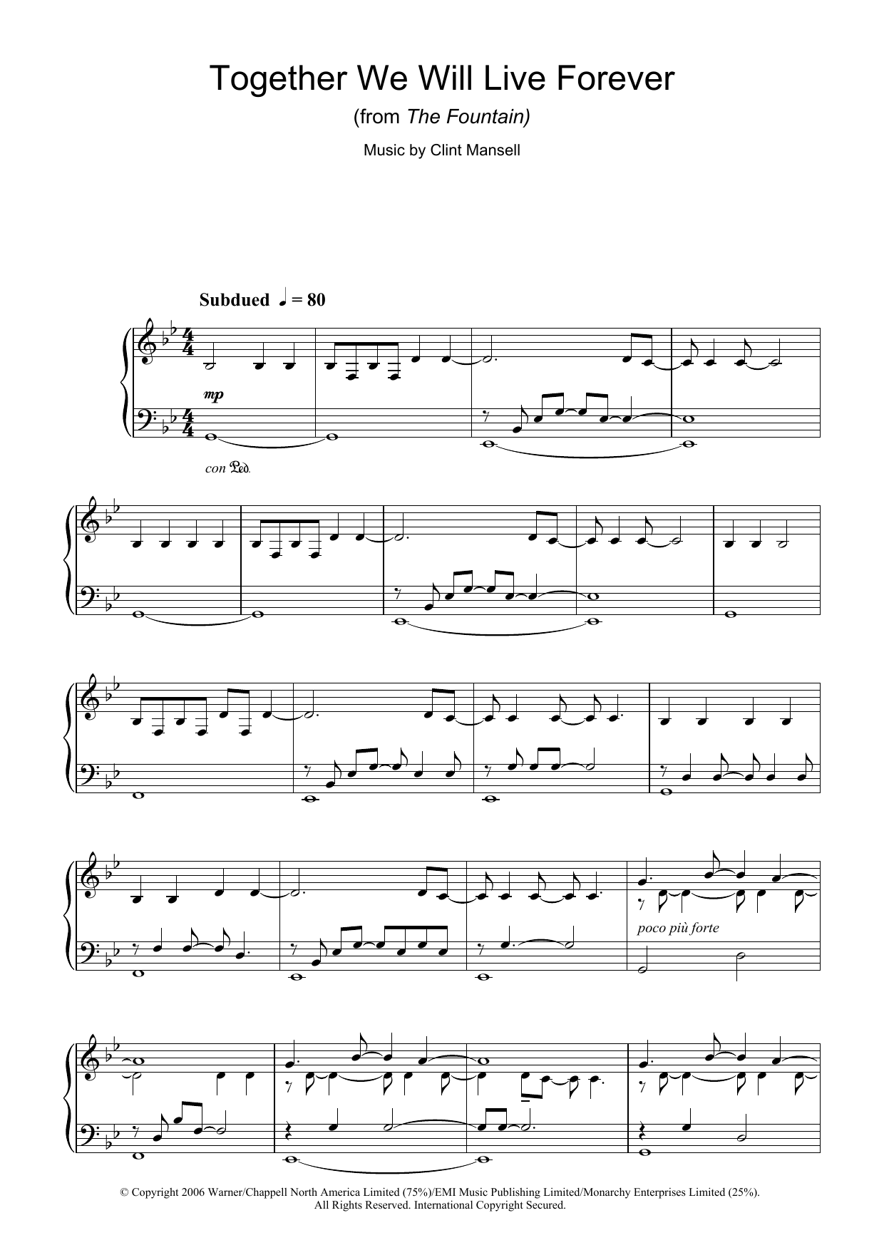 Clint Mansell Together We Will Live Forever (from The Fountain) sheet music notes and chords arranged for Easy Piano