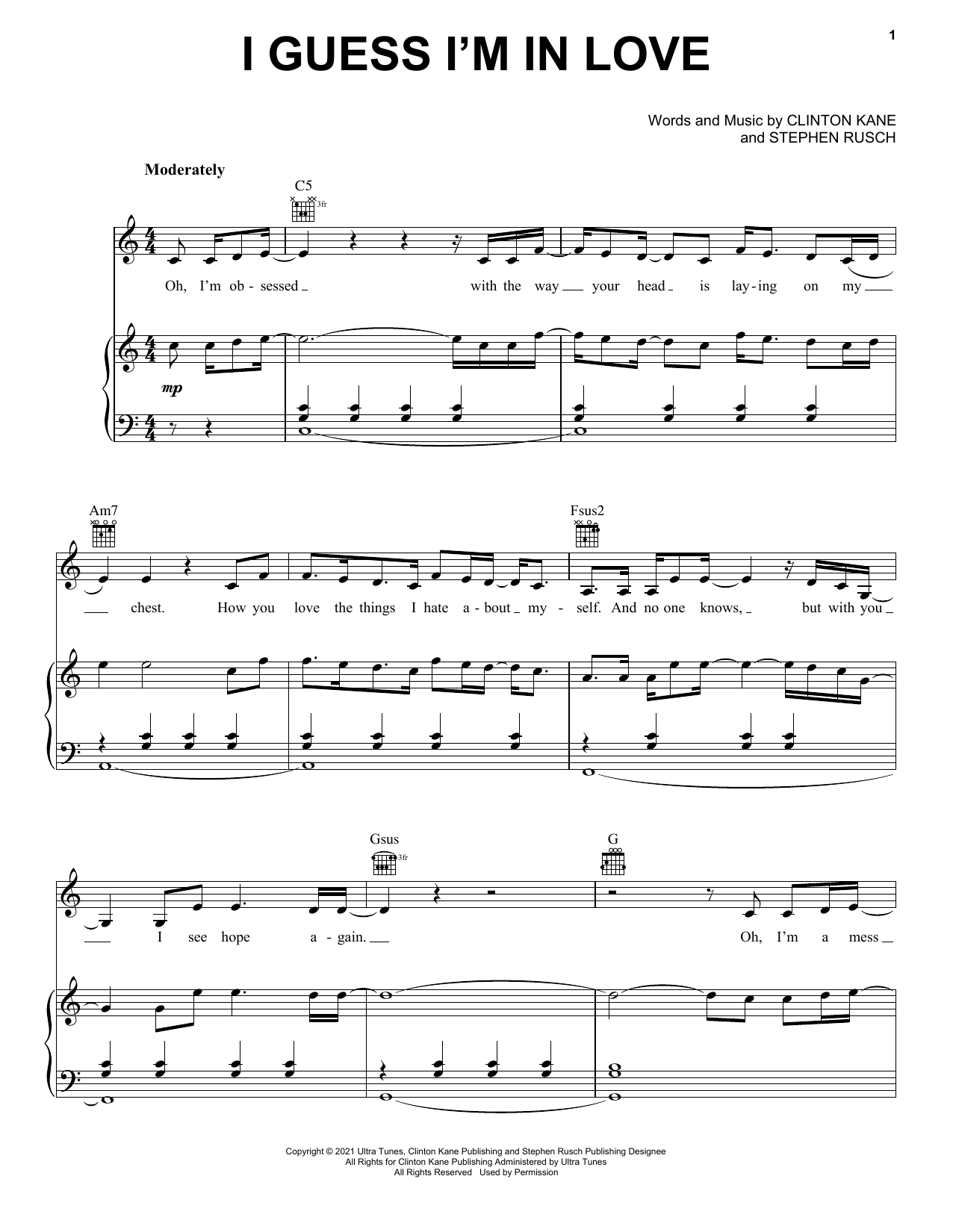 Clinton Kane I Guess I'm In Love sheet music notes and chords arranged for Piano, Vocal & Guitar Chords (Right-Hand Melody)
