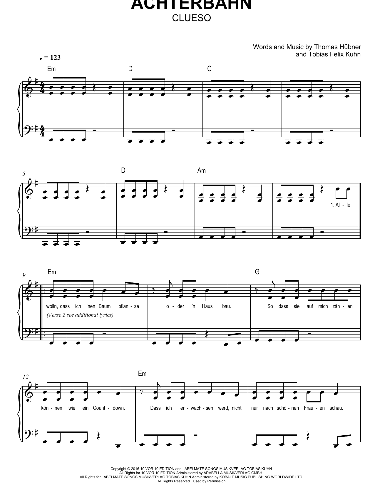 Clueso Achterbahn sheet music notes and chords arranged for Easy Piano