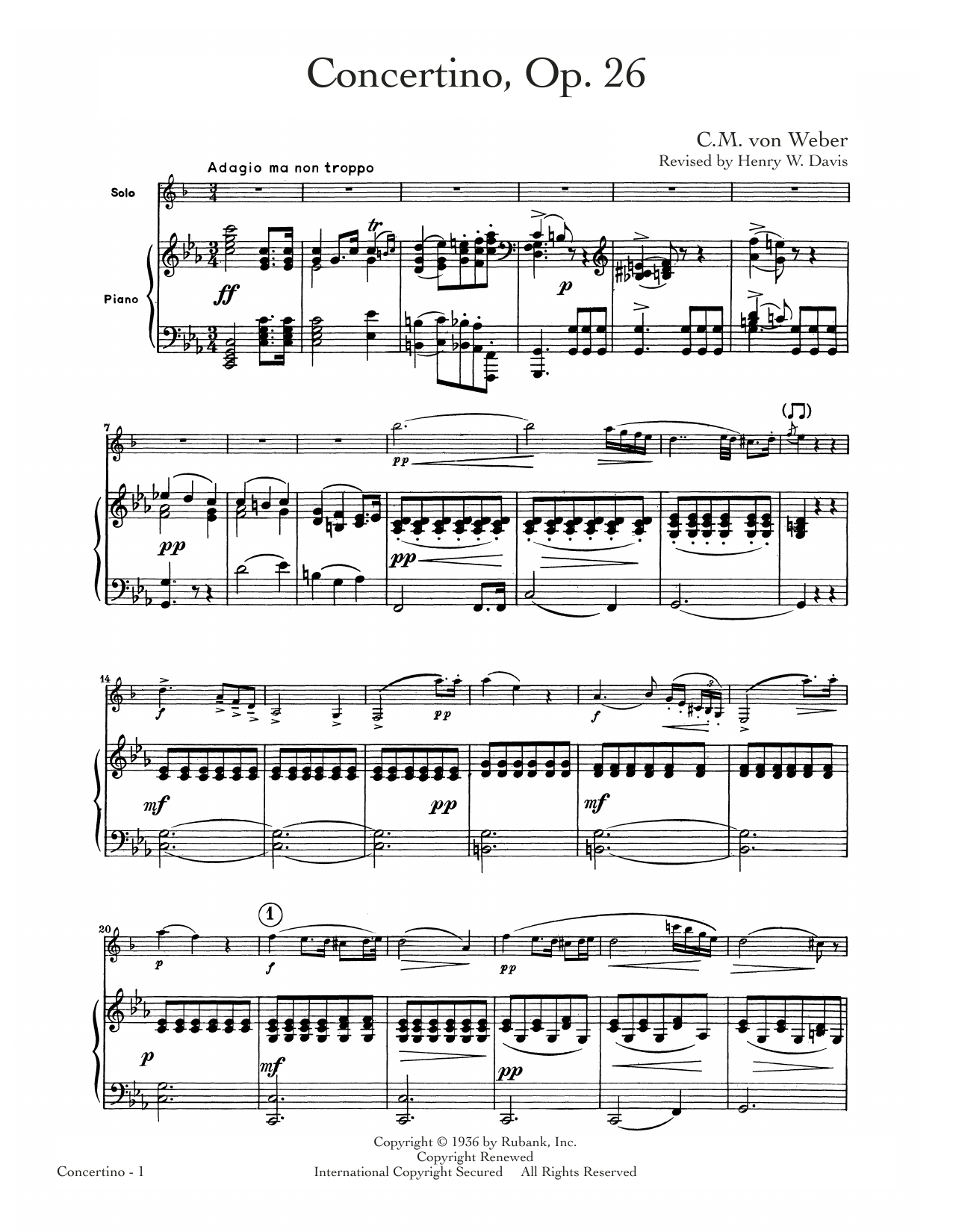C.M. von Weber Concertino, Op. 26 sheet music notes and chords arranged for Alto Sax and Piano