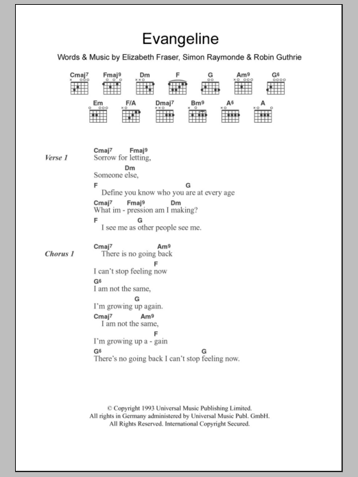 The Cocteau Twins Evangeline sheet music notes and chords arranged for Guitar Chords/Lyrics